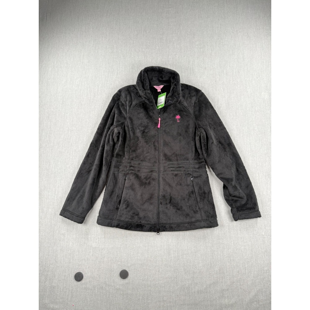 Lilly‎ Pulitzer Maddie Zip Front Jacket Black Faux Fur Fleece Palm Tree Logo L